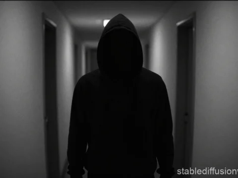 Mysterious Hooded Figure in Dimly Lit Hallway