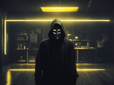Mysterious Hooded Figure in Neon-Lit Room