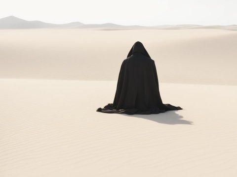 Mysterious Hooded Figure Sitting Alone in Vast Desert