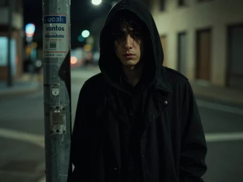 Mysterious Hooded Figure Standing on a Dimly Lit Street