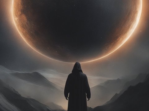 Mysterious Hooded Figure Under a Giant Glowing Planet