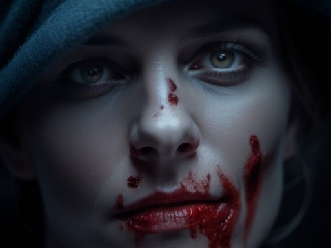 Mysterious Hooded Figure with Bloodied Face