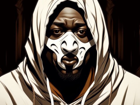 Mysterious Hooded Figure with Stylized Mask