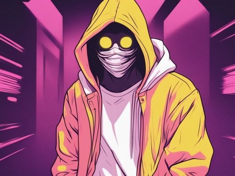 Mysterious Hooded Figure with Yellow Glasses in Neon Alley