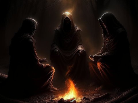 Mysterious Hooded Figures Gathered Around a Campfire