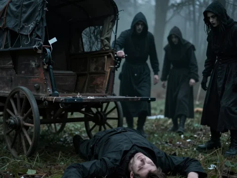 Mysterious Hooded Figures Surround Fallen Man Near Old Wagon