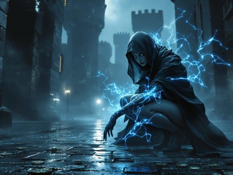 Mysterious Hooded Sorceress with Electric Powers in Dark Castle