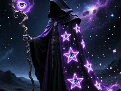 Mysterious Hooded Wizard with Cosmic Eye Staff