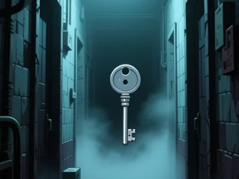 Mysterious Key in Foggy Industrial Corridor