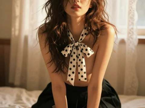 Mysterious Korean Woman with Polka Dot Bow in Soft Light