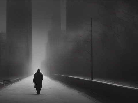 Mysterious Lone Figure Walking in Foggy Urban Night
