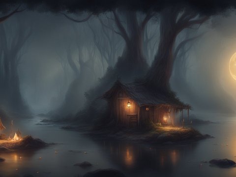 Mysterious Moonlit Forest with Cozy Cabins
