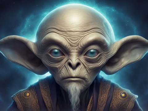 Mysterious Old Wise Alien with Glowing Blue Eyes