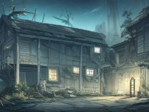Mysterious Old Wooden Houses at Night