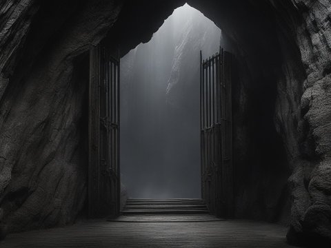 Mysterious Open Iron Gates in a Dark Cave