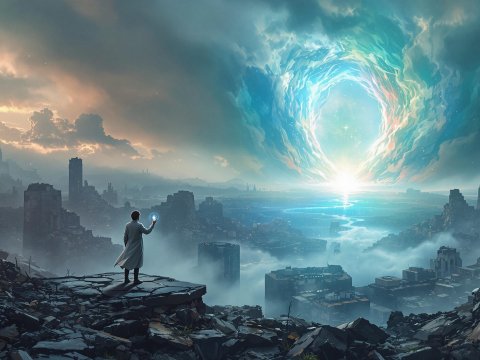 Mysterious Portal Over Post-Apocalyptic Cityscape