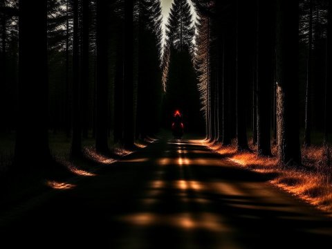 Mysterious Rider on a Dark Forest Road