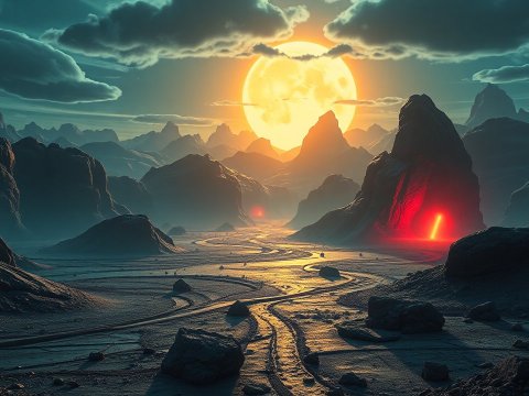 Mysterious Rocky Landscape at Sunset with Glowing Red Light