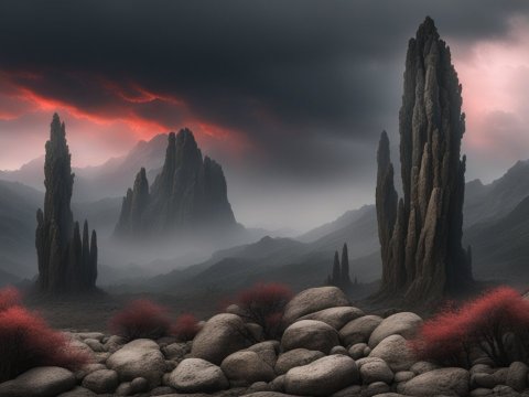 Mysterious Rocky Landscape with Red Foliage Under Dramatic Sky