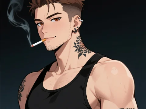 Mysterious Seductive Tattooed Man Smoking
