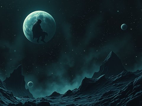 Mysterious Silhouette on a Moon in a Dark Alien Landscape