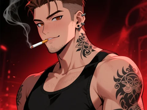 Mysterious Smirking Tattooed Man Smoking