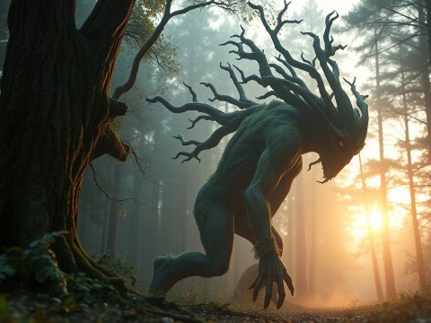 Mysterious Tree Creature in Enchanted Forest at Sunrise