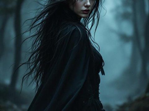 Mysterious Woman in Dark Cloak Under Full Moon