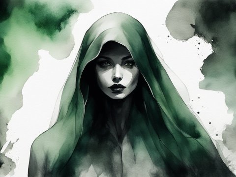 Mysterious Woman in Green Hooded Cloak Watercolor Portrait