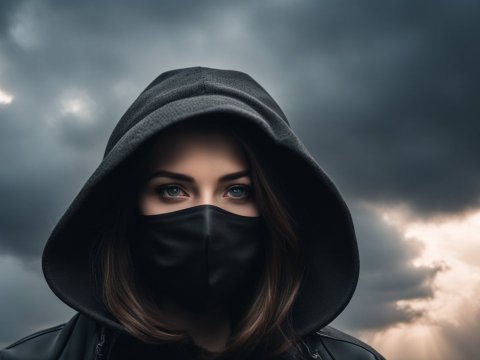 Mysterious Woman in Hood and Mask Against Stormy Sky