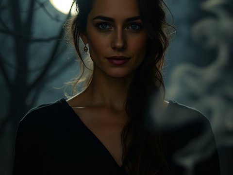 Mysterious Woman in Moonlit Forest with Apples