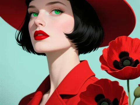 Mysterious Woman in Red Hat and Coat with Poppies