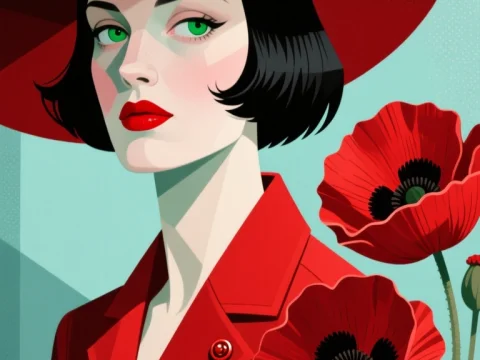 Mysterious Woman in Red Hat with Poppies