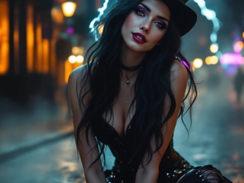 Mysterious Woman in Top Hat with Lightning at Night