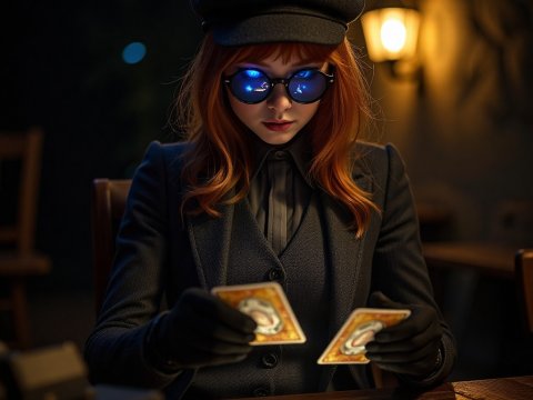Mysterious Woman Reading Tarot Cards with Glowing Blue Glasses