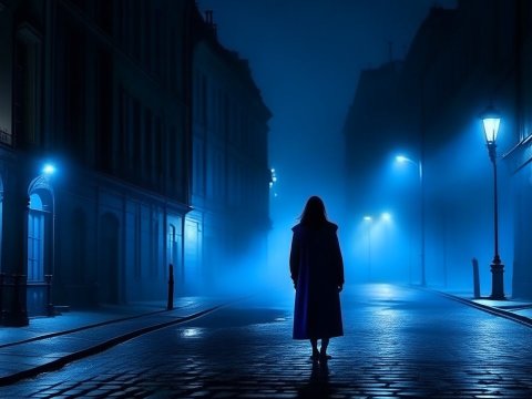 Mysterious Woman Walking Alone on Foggy Blue Street at Night