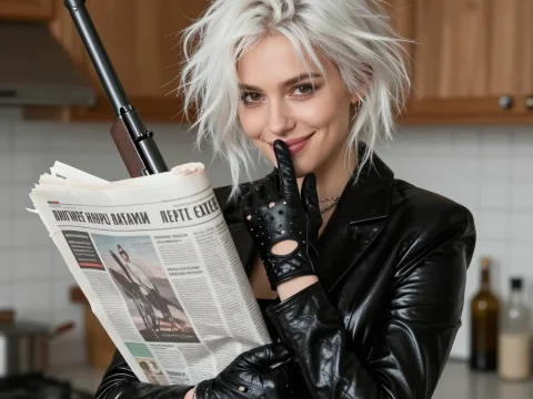 Mysterious Woman with White Hair Holding Newspaper and Silencing Gesture