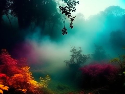 Mystic Forest with Colorful Fog and Vibrant Foliage