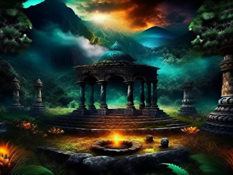 Mystical Ancient Meditation Pavilion at Twilight