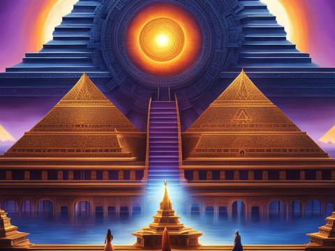 Mystical Ancient Pyramid Temple with Radiant Sun Portal