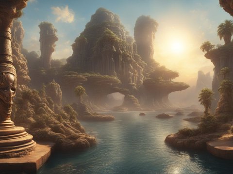 Mystical Ancient River Valley at Sunset