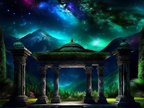Mystical Ancient Ruins Under a Starry Night Sky