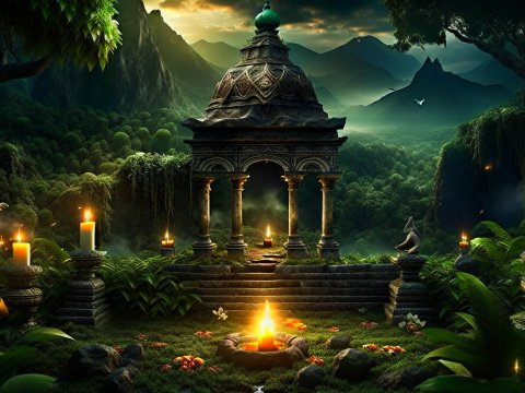 Mystical Ancient Shrine Illuminated by Candlelight in Enchanted Forest