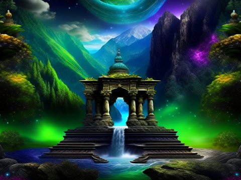 Mystical Ancient Temple with Waterfall in Enchanted Valley