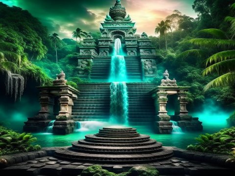 Mystical Ancient Temple with Waterfall in Lush Jungle