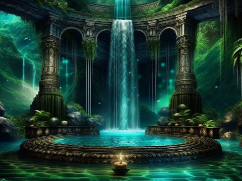 Mystical Ancient Waterfall Sanctuary with Round Meditation Podium