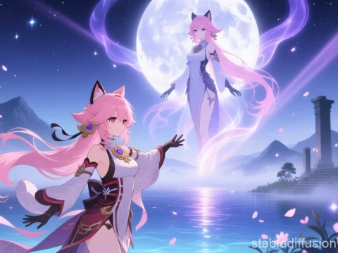 Mystical Anime Fox Spirit Under the Full Moon