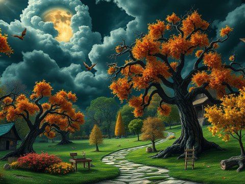 Mystical Autumn Park Under a Moonlit Sky