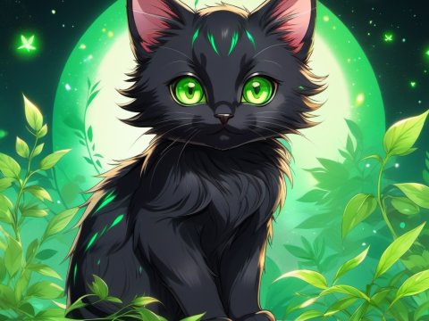 Mystical Black Cat with Glowing Green Eyes in Enchanted Forest