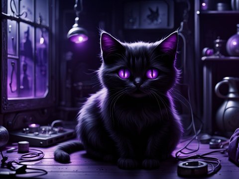 Mystical Black Cat with Glowing Purple Eyes in Cozy Dark Room